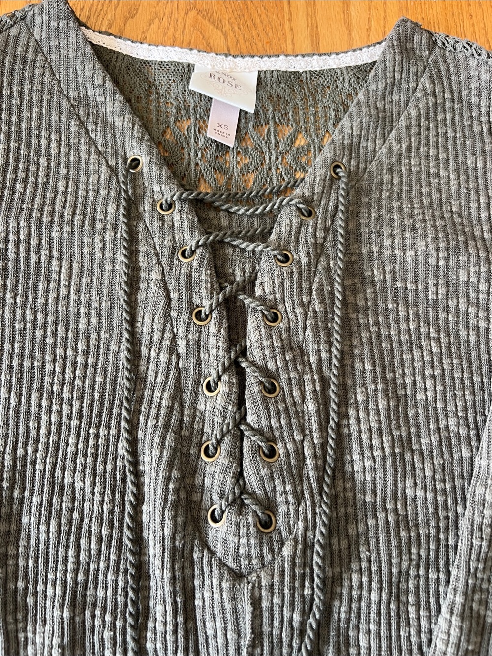 Knox Rose Lace-Up Ribbed Long-Sleeve Top in Olive Green Size XS - Picture 5 of 9